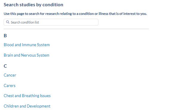 Image of list of A - Z conditions on the Be Part of Research site